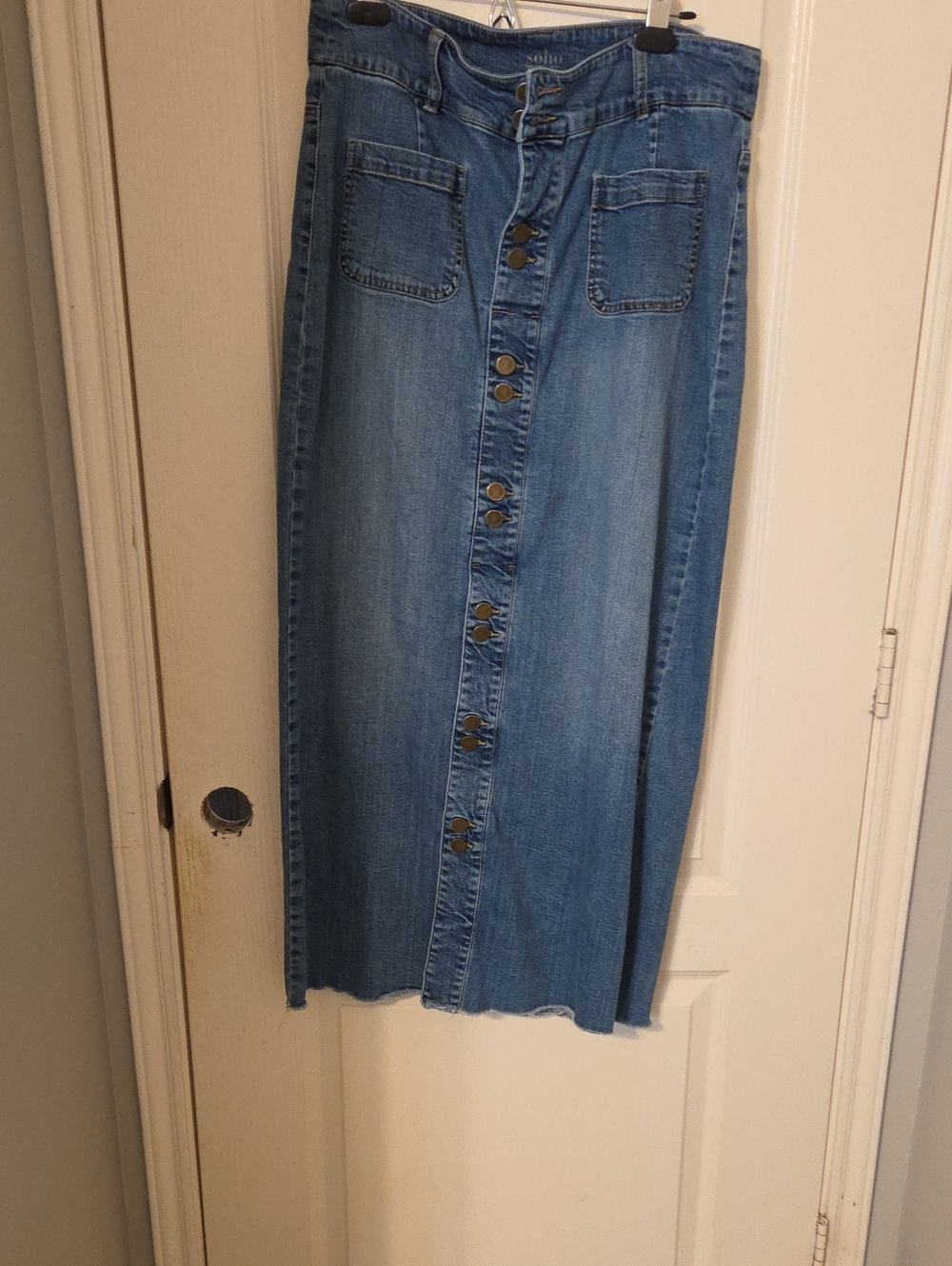 Soho Light Blue Button-Front Denim Maxi Skirt
